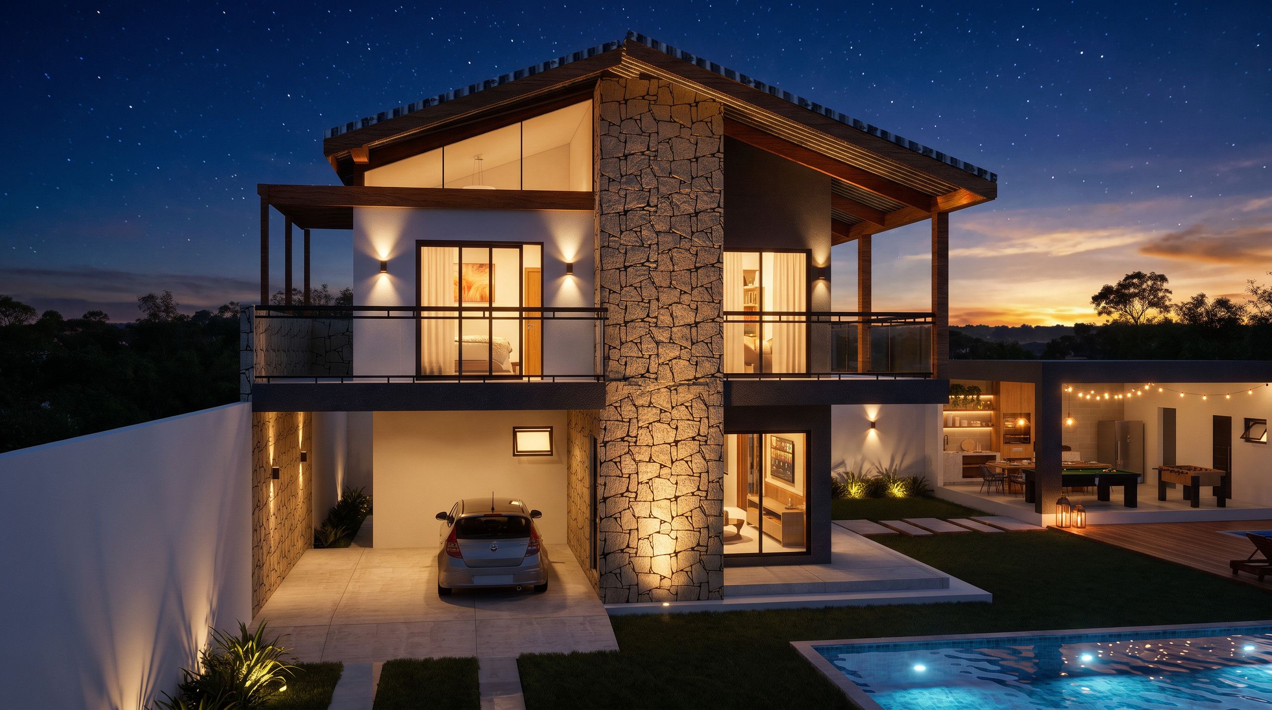 Casa Pedra — sobrado, piscina, varanda, lazer, iluminação, noite