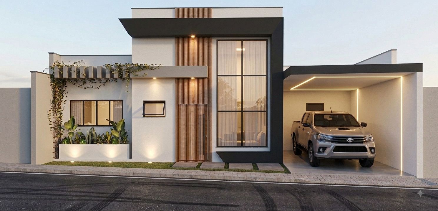 Casa Ripada — térrea, simples, fachada, entrada, garagem, iluminação